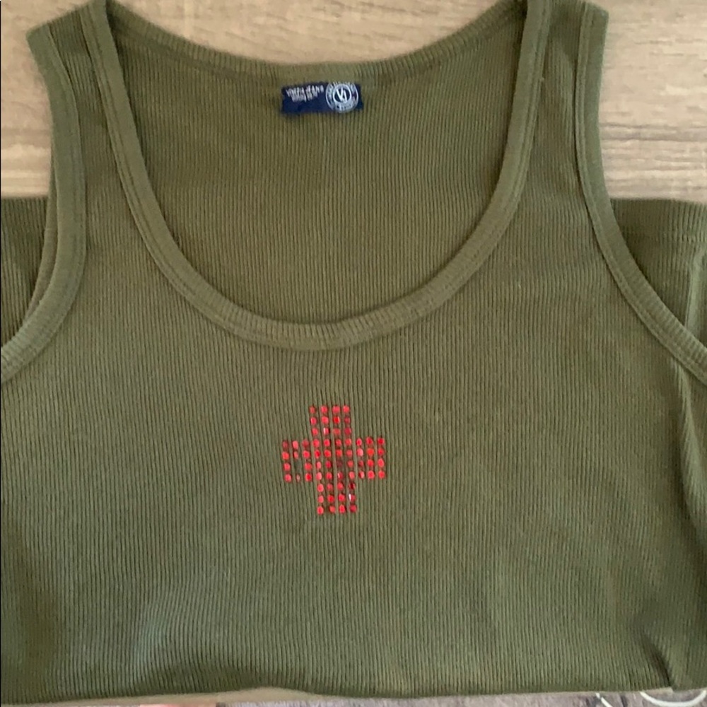 Khaki green tank top with red gem cross design.